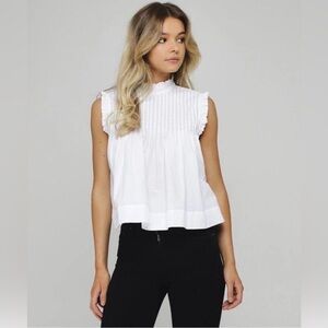 Ganni White Pintuck Ruffle Mock-Neck Sleeveless Top